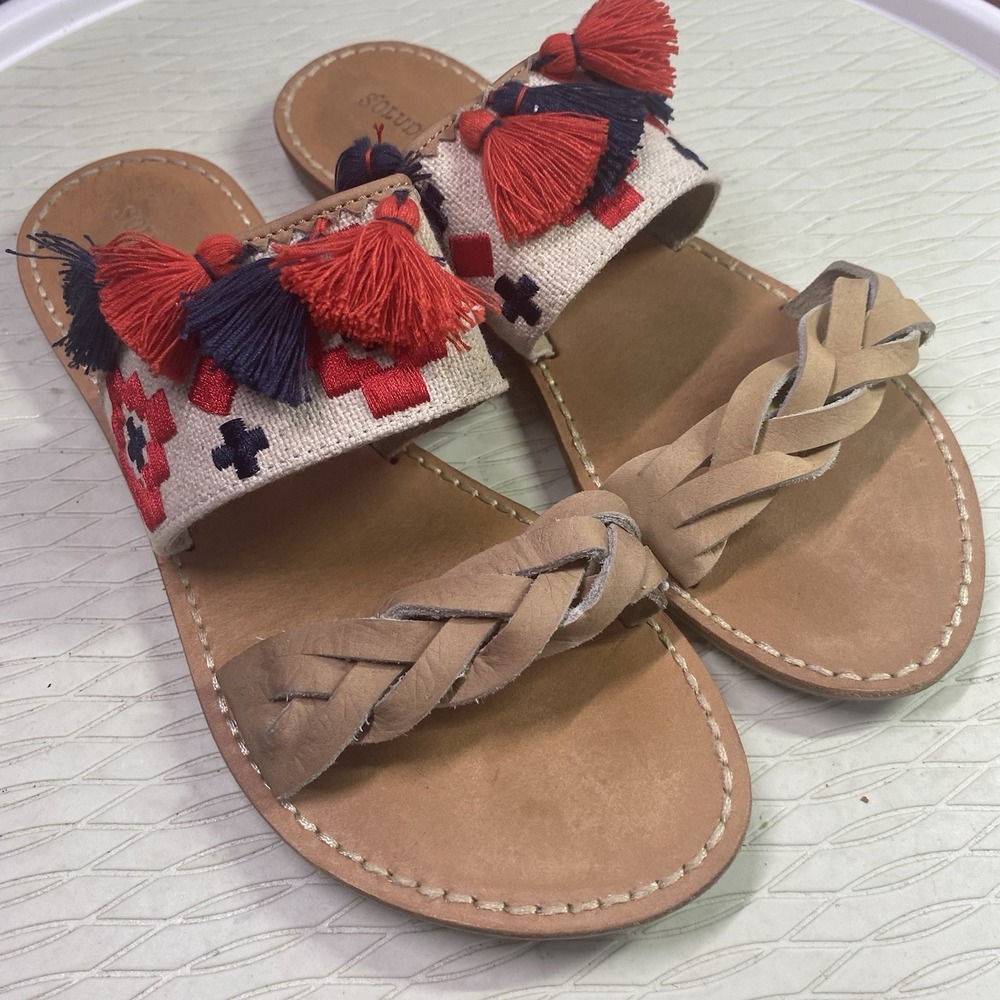 Soludos Tassel Women's Flat Sandals Fiesta Shoes Red/Tan&Blue Sz.8 Anthropologie